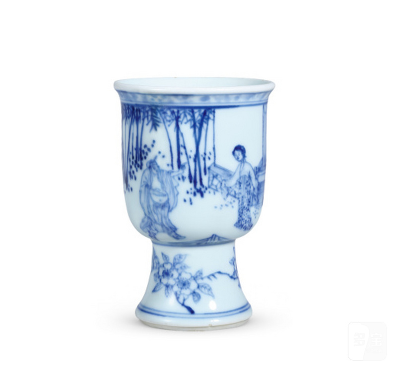 清顺治 青花西厢记故事高足杯